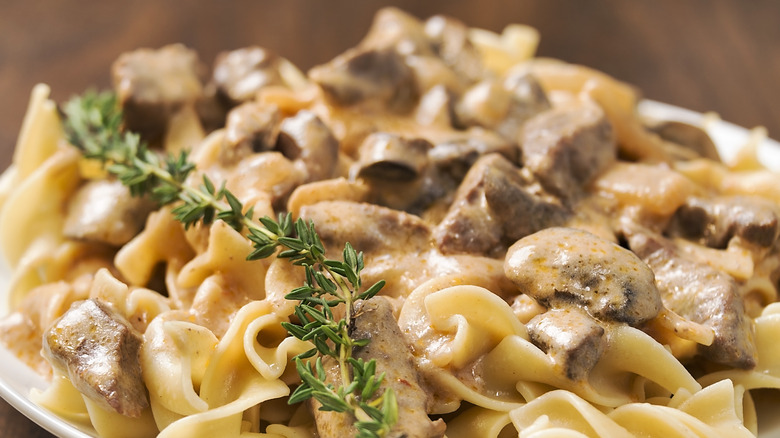 Beef stroganoff with egg noodles