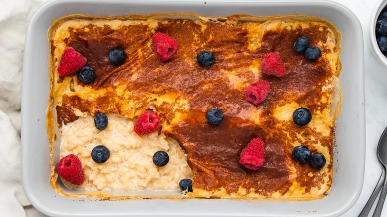 A casserole dish with rice pudding