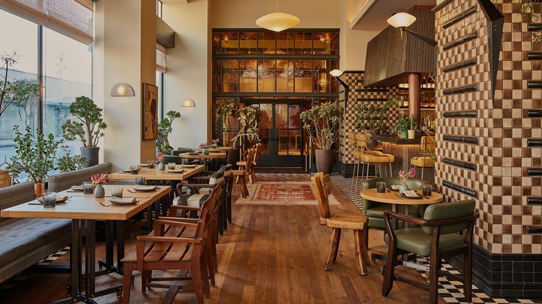 Restaurant interior with wooden furniture