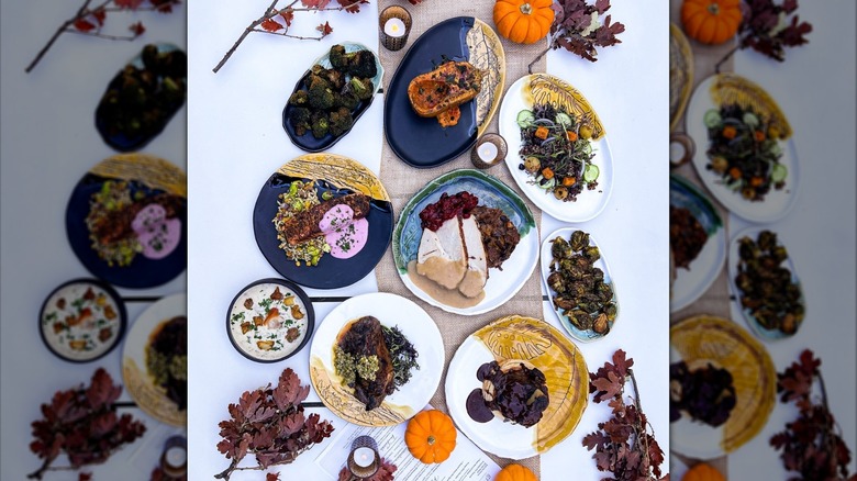 Thanksgiving dinner on tablecloth