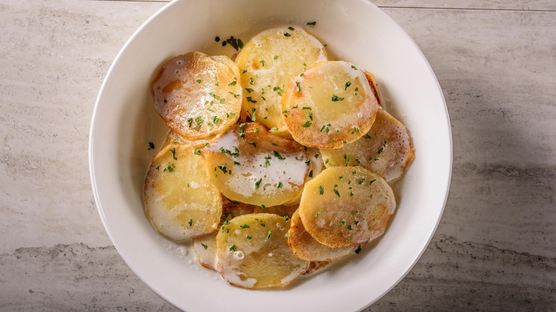 Scalloped potatoes in a bowl