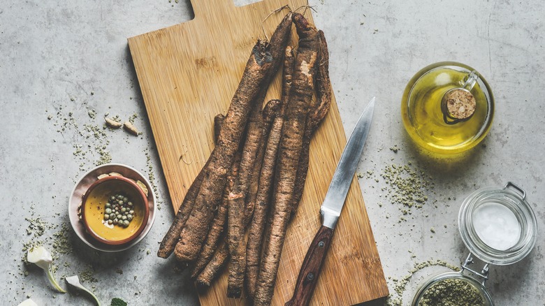 salsify on cutting board