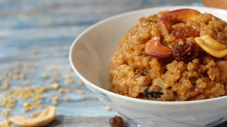 chakkara pongal in a bowl