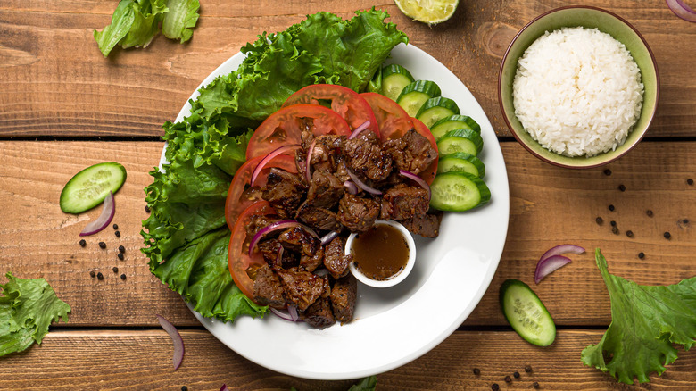 Beef strips on lettuce wraps