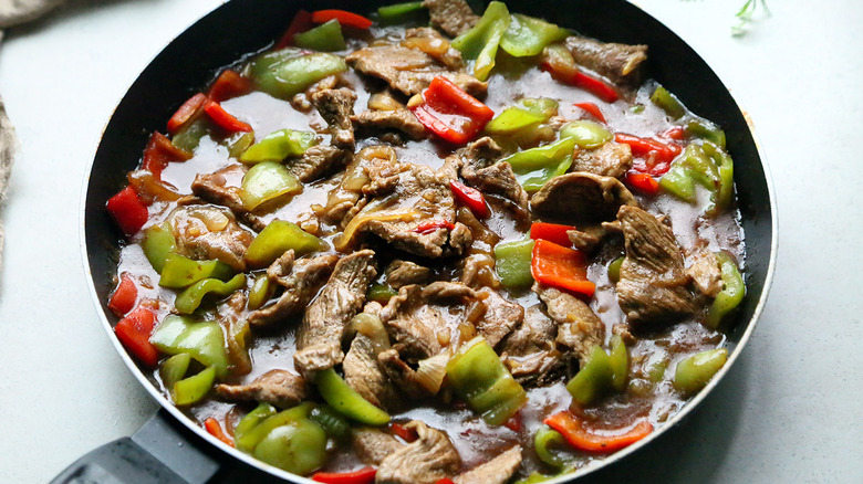 Peppers and beef in skillet