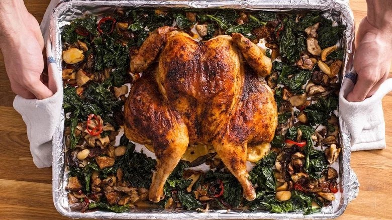 spatchcocked chicken mushrooms, kale