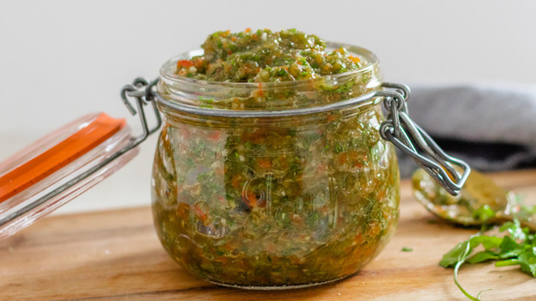 Open jar of fresh homemade sofrito