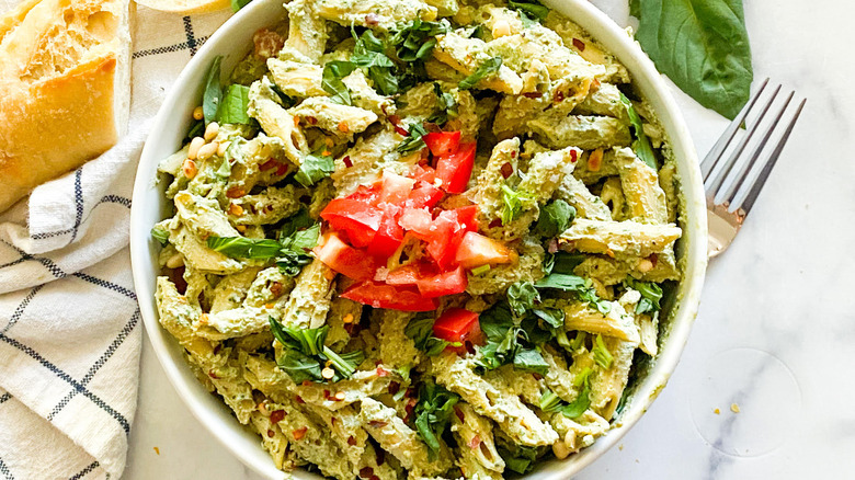 Tofu pesto pasta in bowl 