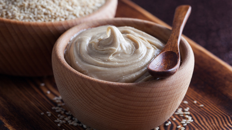 Wooden bowl of tahini