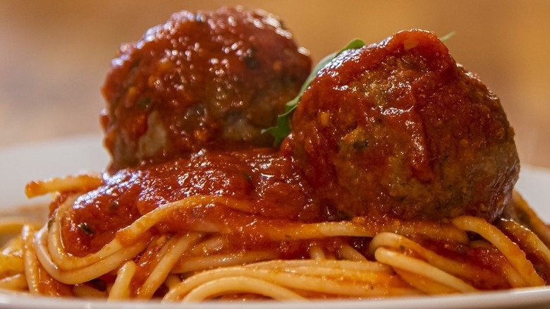 Spaghetti and meatballs in a bowl