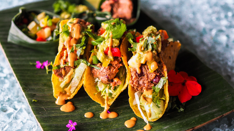 vegan tacos on bamboo leaf