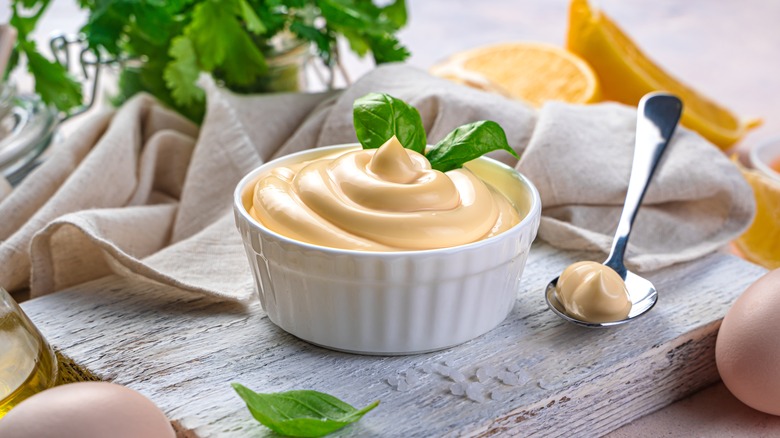 mayonnaise arranged in white bowl