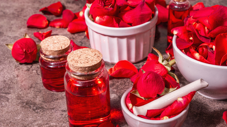 Rosewater bottles with petals