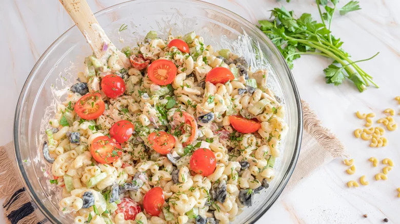 Chicken macaroni salad in bowl