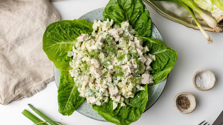 Chicken salad on lettuce leaves