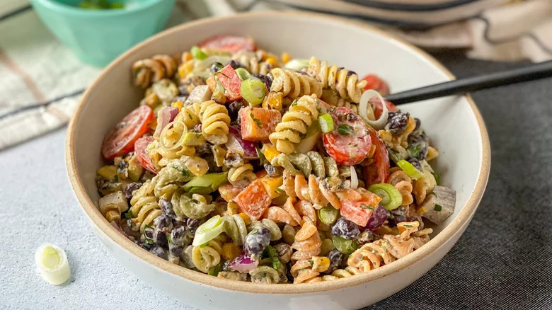 Colorful creamy pasta salad