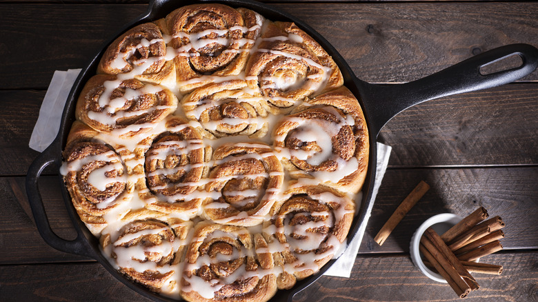 Cinnamon rolls in cast iron skillet