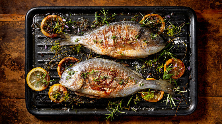 Grilled fish on cooking rack