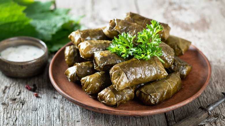 Parsley garnished dolma stack