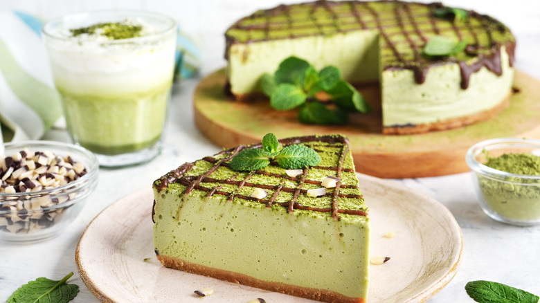 Matcha cheesecake slice