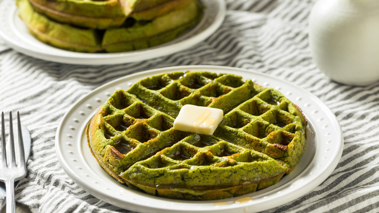 Matcha waffles on plate