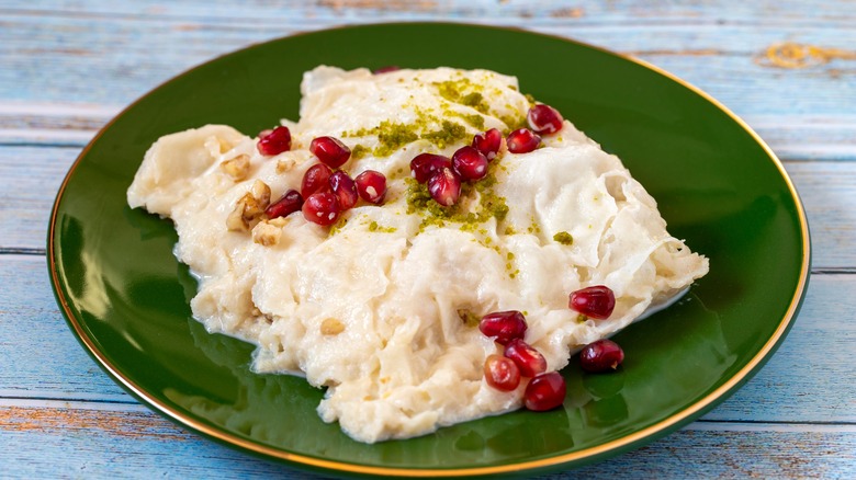 Güllaç with pomegranate and pistachio