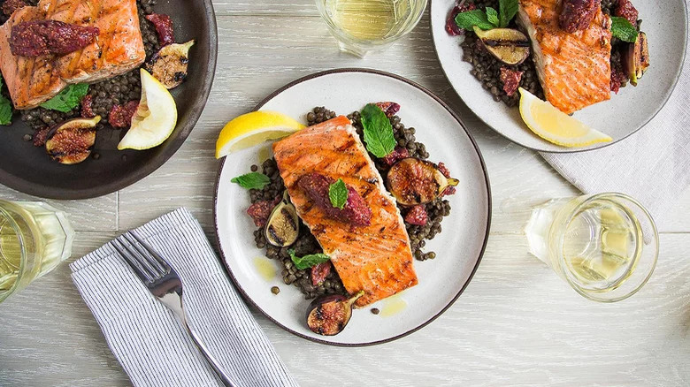 Grilled Salmon With Fig Mustard & Lentils