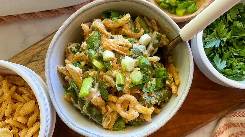 Green bean casserole in a ramekin