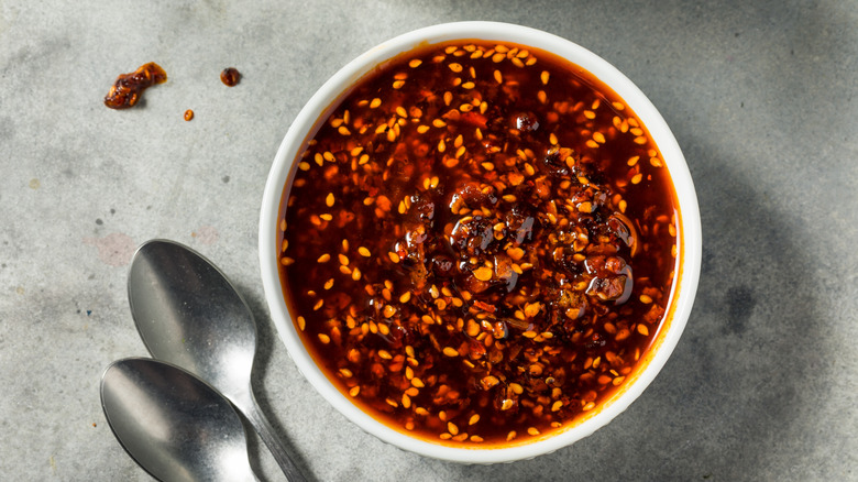 Chili crisp in white bowl