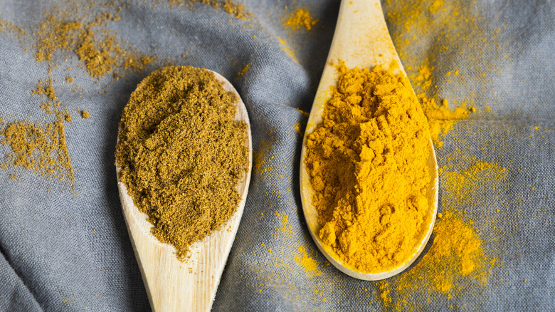 Curry powder on wooden spoons