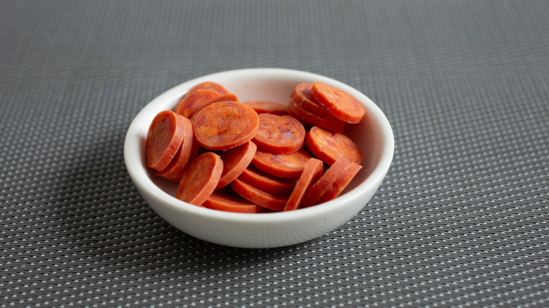 White bowl of mini pepperoni