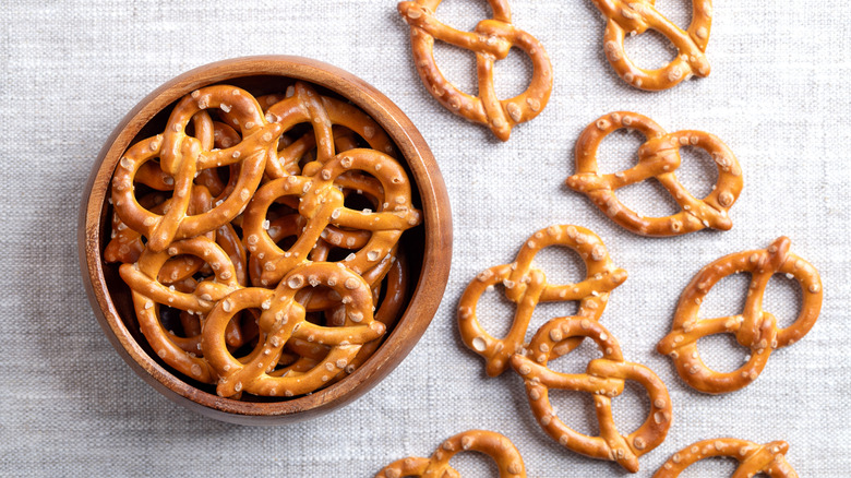 Wooden bowl of twisted pretzels