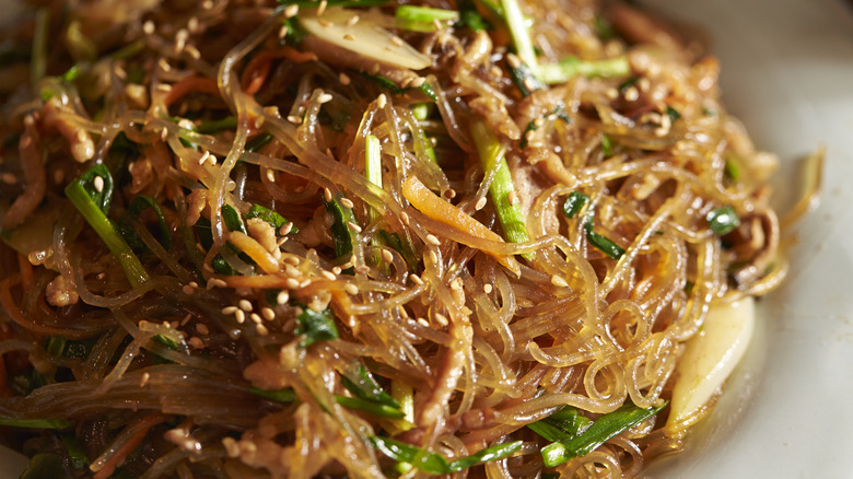 Close-up of japchae noodles 