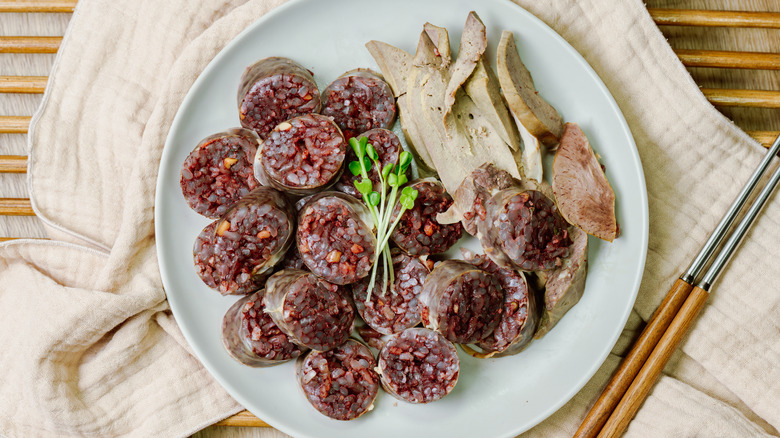 Overhead of Korean blood sausage 