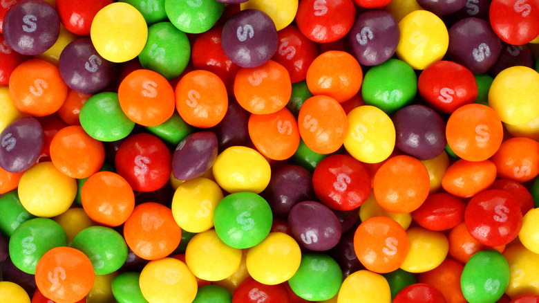 Skittles spread out on table