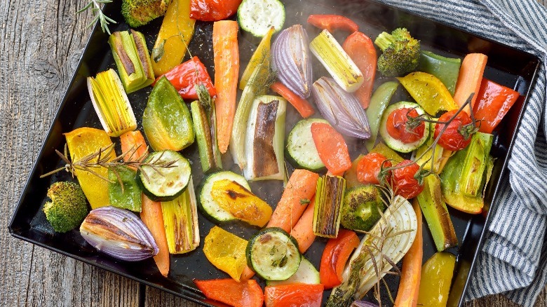 roasted vegetables on bare baking sheet