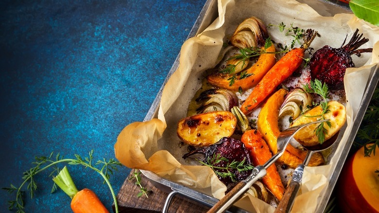 roasted root vegetables in pan