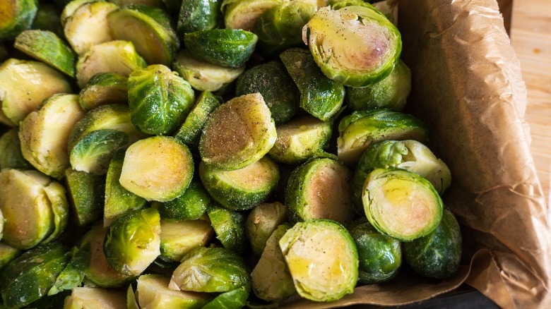 frozen Brussels sprouts on baking tray