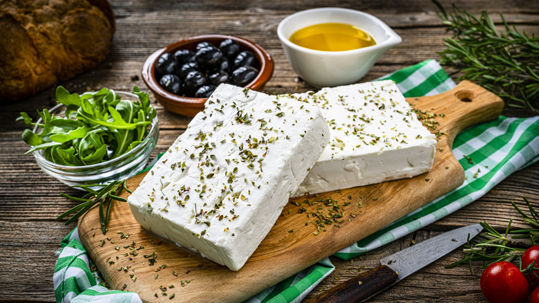 feta cheese on cutting board