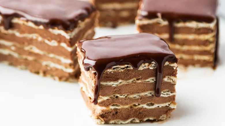 slices of chocolate matzo layer cake