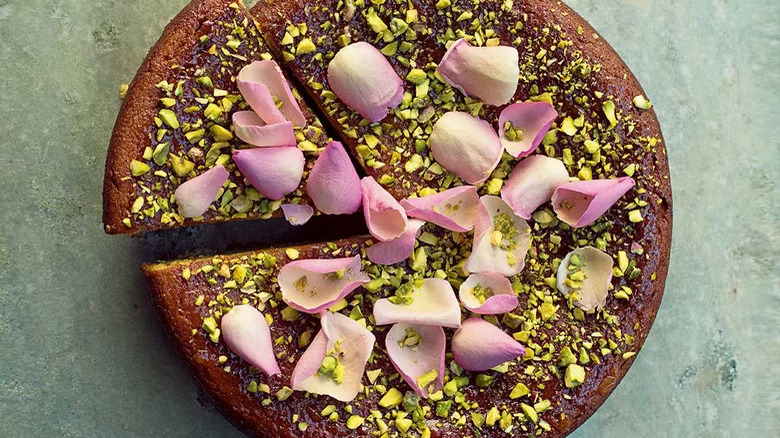 pistachio cake with rose pedals