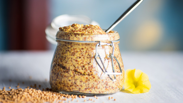 Whole grain mustard in jar