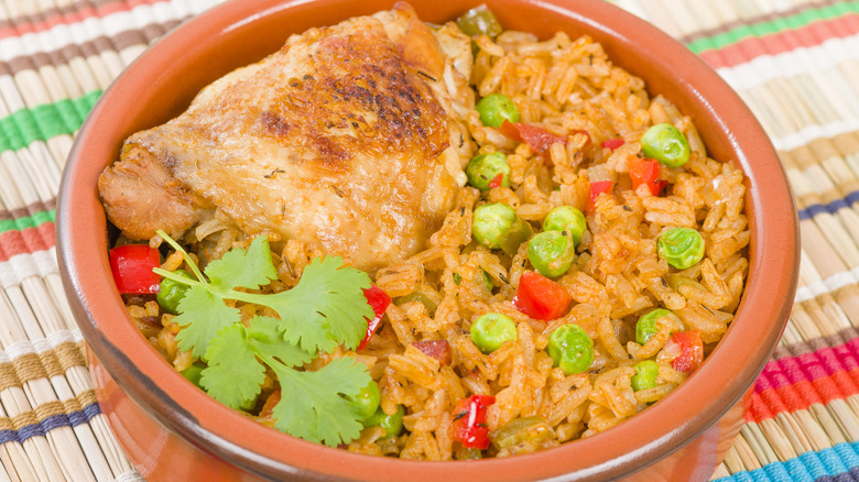 Rice and chicken in dish 