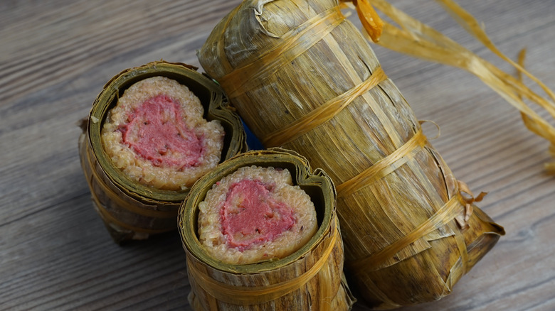 Cylindrical rice cake cut in half