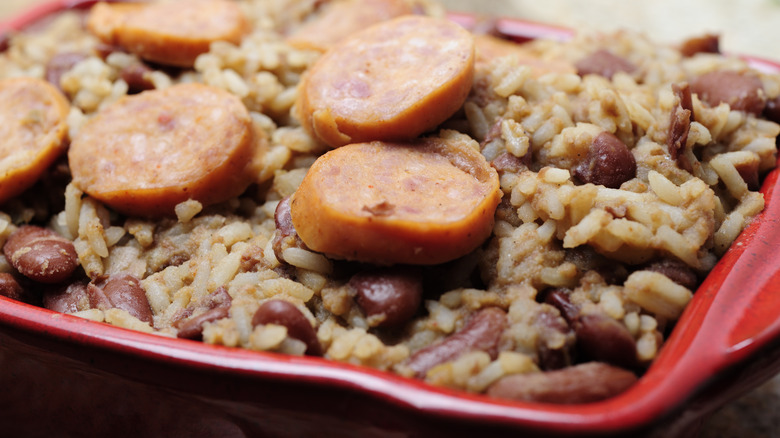 Beans and rice in dish