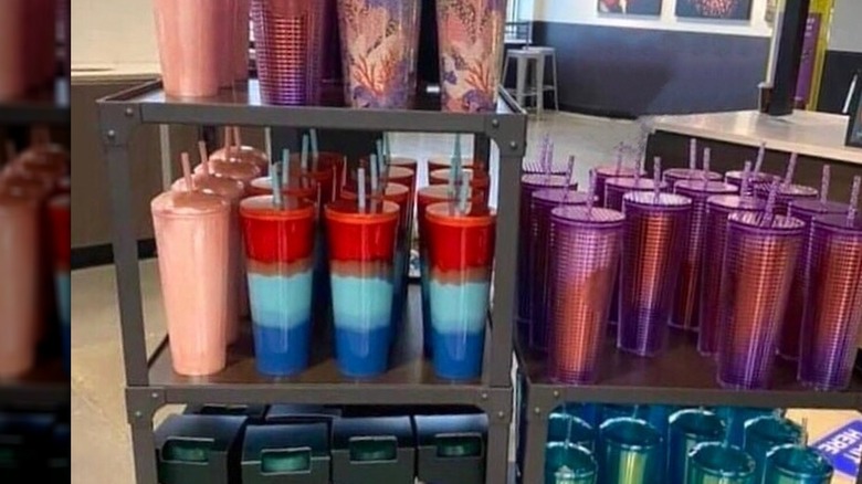 rows of Starbucks tumblers