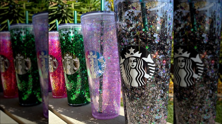 Starbucks glitter tumblers lined up