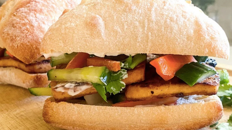 Tofu Banh Mi on wooden cutting board
