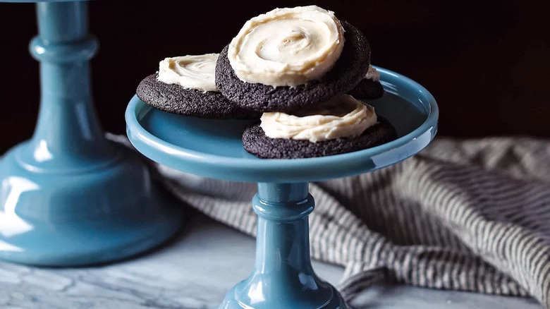 chocolate cookies on blue plate