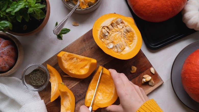 raw pumpkin cut in half